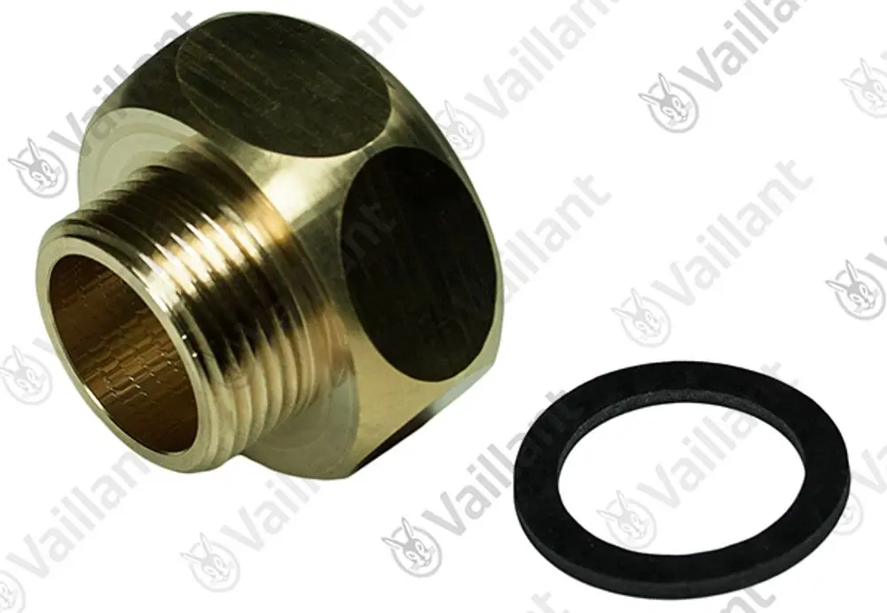 Vaillant Adapter in metallischer Ausführung mit Gewinde und abgerundeten Kanten, daneben eine schwarze Dichtung.